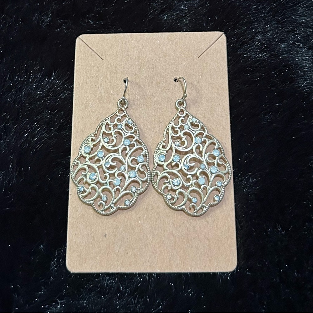 Elegant Gold Filigree Teardrop Dangle Earrings with Clear Crystals